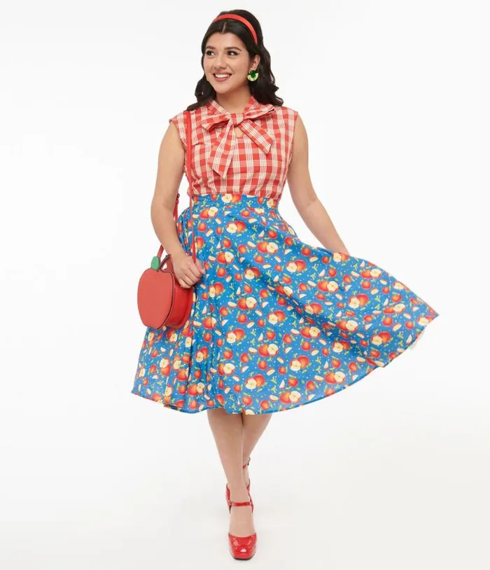 1950s Blue and Red Apple Print Swing Skirt Clothing Unique Vintage Skirts