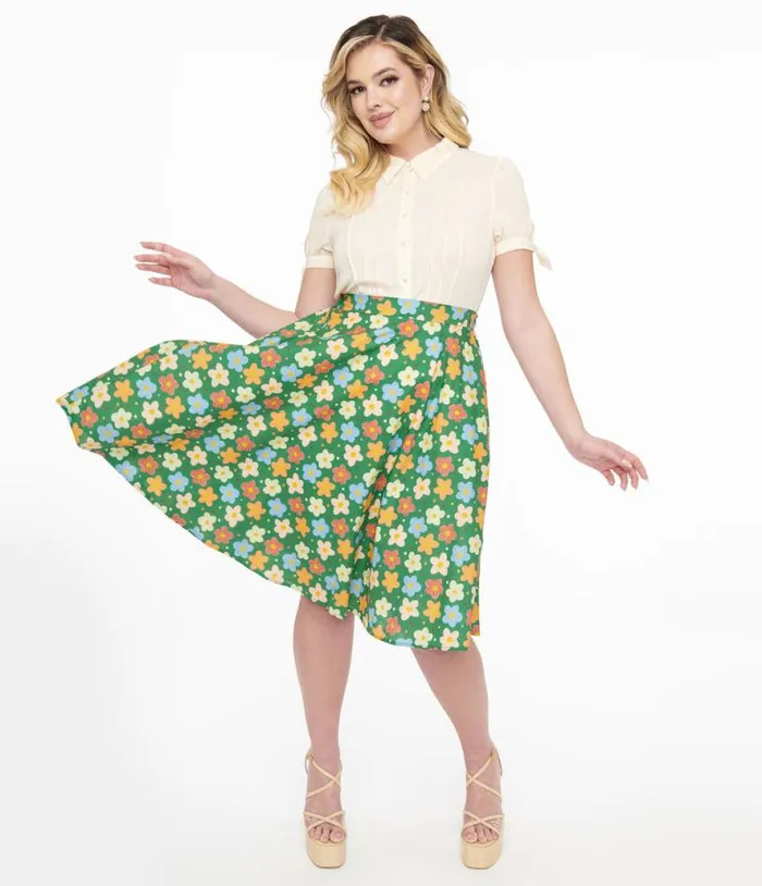 1950s Green Retro Floral Cotton Swing Skirt Clothing Unique Vintage Skirts