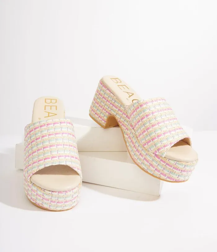 1970s Pastel Rainbow Rattan Platform Mule Sandals Shoes Unique Vintage Sandals
