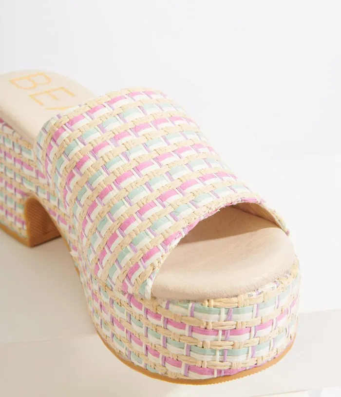 1970s Pastel Rainbow Rattan Platform Mule Sandals Shoes Unique Vintage Sandals