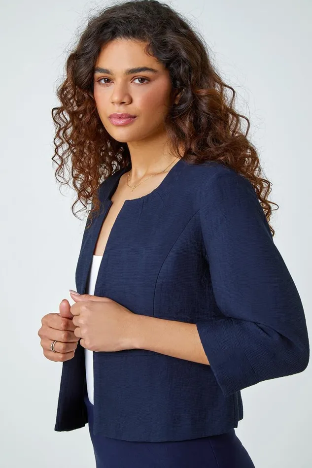 34 Sleeve Pleated Textured Cropped Jacket Women Roman Jackets