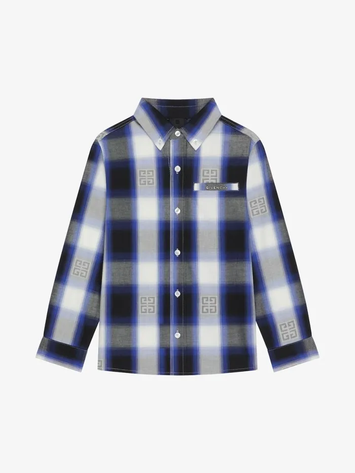 4g Checked Shirt In Cotton Greyblue Kids Givenchy