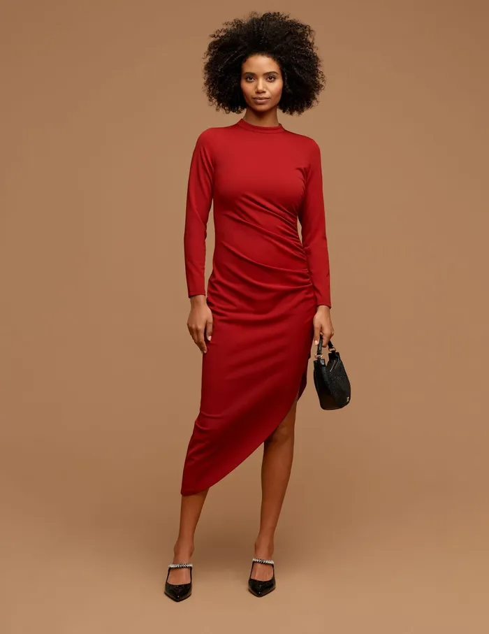 Anne Klein Asymmetrical Hem Ruched Midi Dress Titian Red Women Clothing