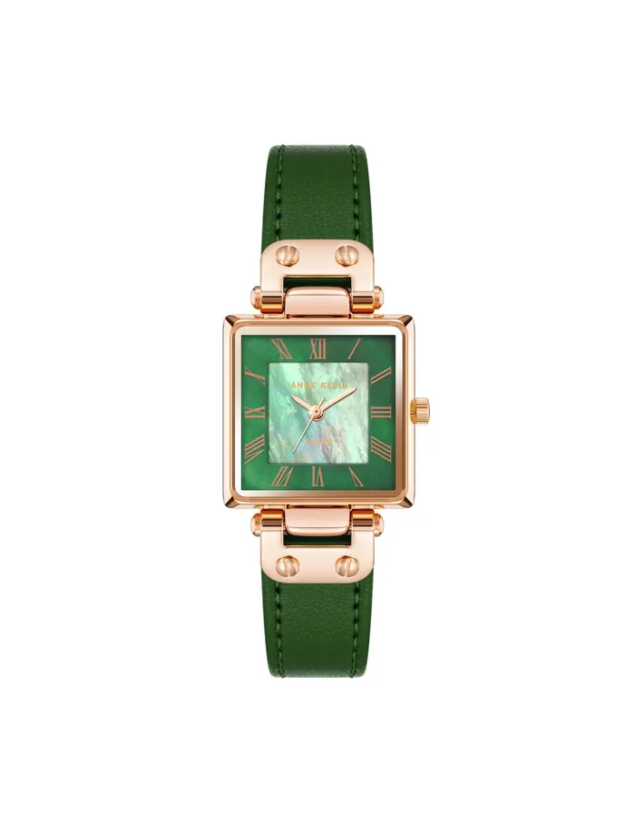 Anne Klein Consider It Solar Square Leather Strap Watch Green Women Watches 038 Jewelry