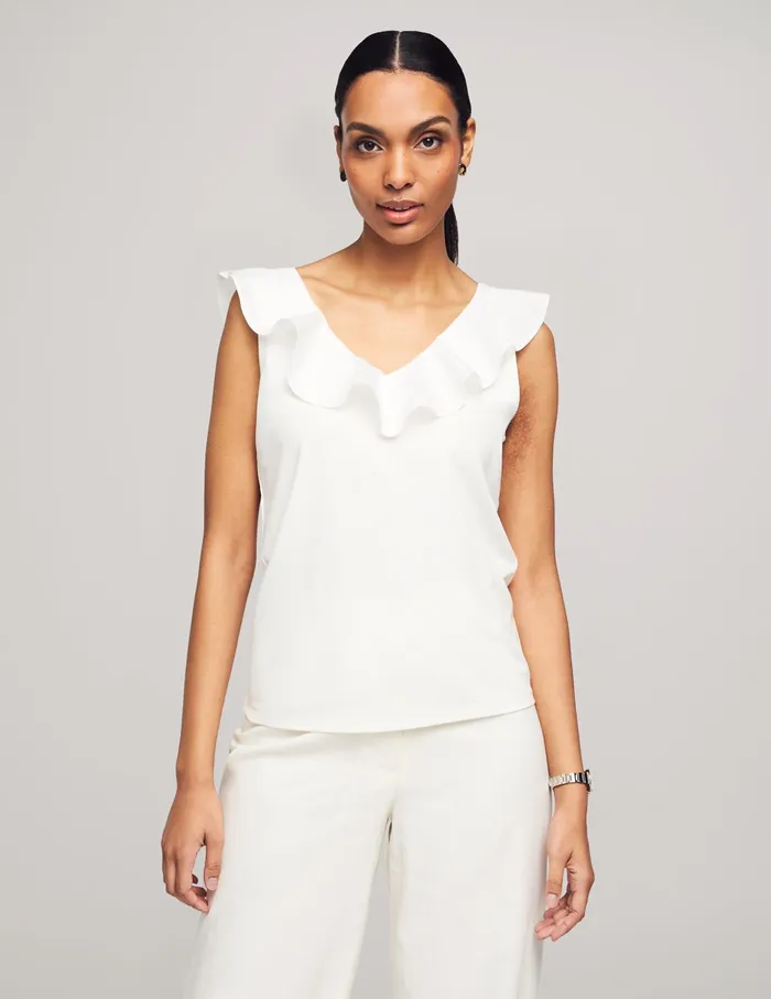 Anne Klein Harmony Woven Combo Flounce Top Bright White Women Clothing
