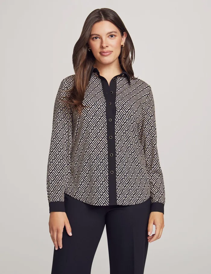Anne Klein Long Sleeve Combo Button Down Blouse Anne Black Women Clothing