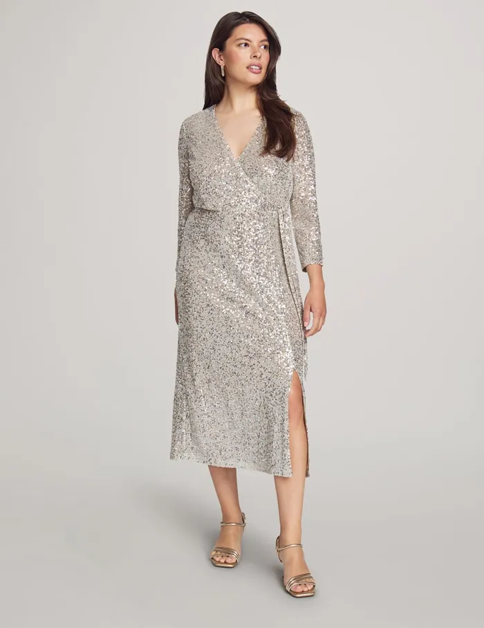 Anne Klein Sequin Long Sleeve Faux Wrap Midi Dress Silver Women Clothing