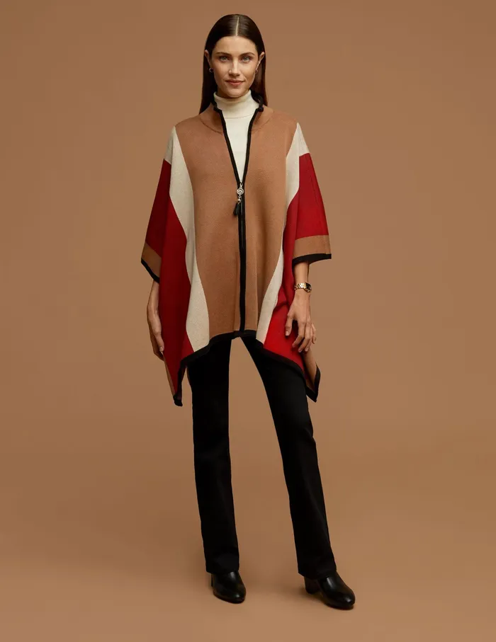 Anne Klein Vertical Stripe Zip Front Cape Vicuna Combo Women Clothing