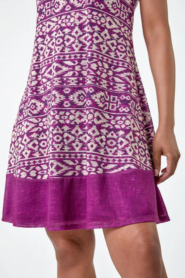Aubergine Petite Aztec Print Contrast Hem Dress Women Roman Dresses