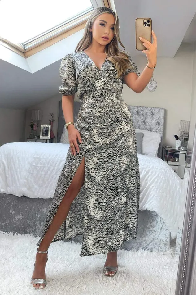 AX Paris Black And Stone Printed Ruched Side Midi Dress Dresses