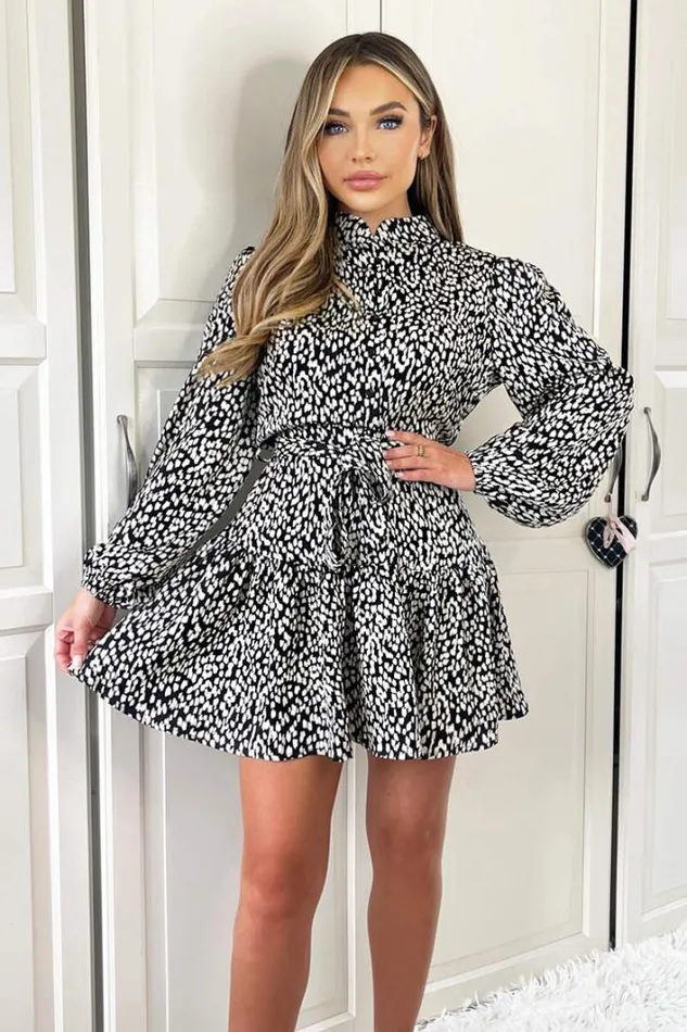 AX Paris Black And White Printed High Neck Button Front Mini Dress Dresses