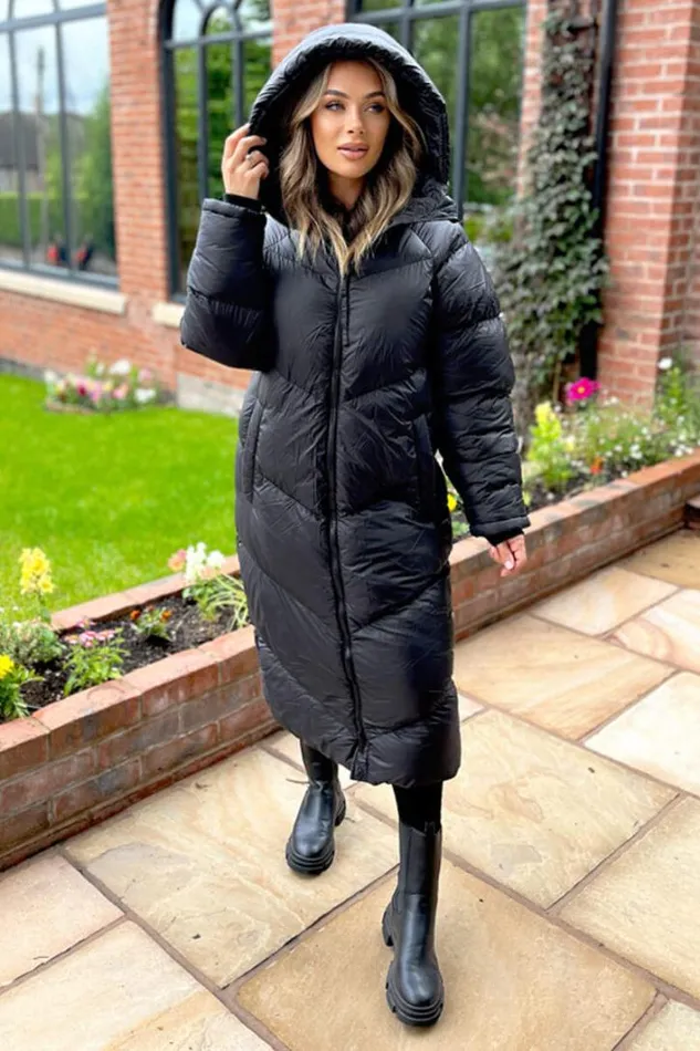 AX Paris Black Hooded Long Puffer Coat Coats and Jackets