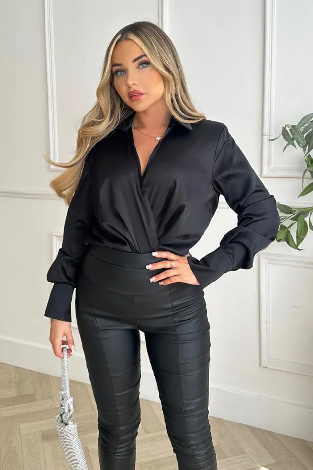 AX Paris Black Satin Wrap Shirt Bodysuit Tops
