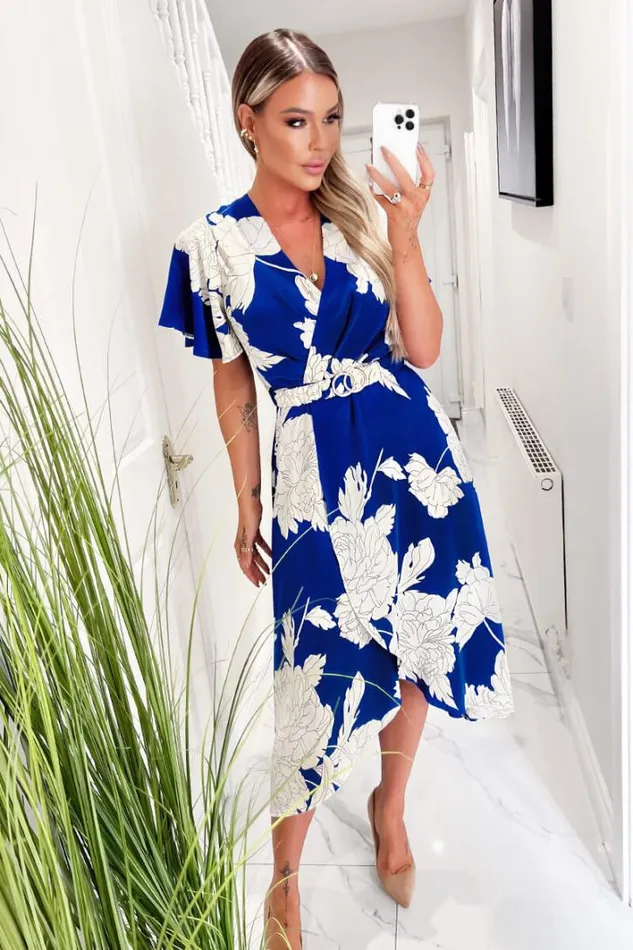 AX Paris Blue And Cream Floral Printed Short Sleeve Belted Midi Dress Dresses AX Paris Blue And Cream Floral Printed Short Sleeve Belted Midi Dress Dresses