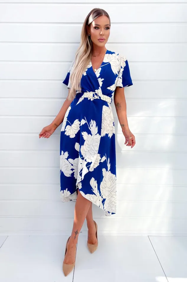 AX Paris Blue And Cream Floral Printed Short Sleeve Belted Midi Dress Dresses