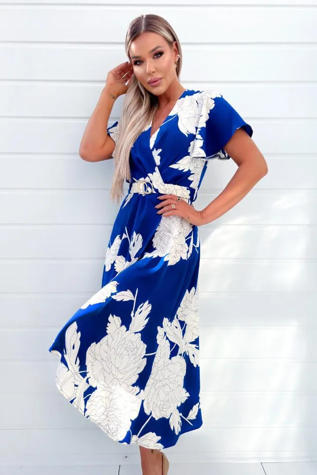 AX Paris Blue And Cream Floral Printed Short Sleeve Belted Midi Dress Dresses