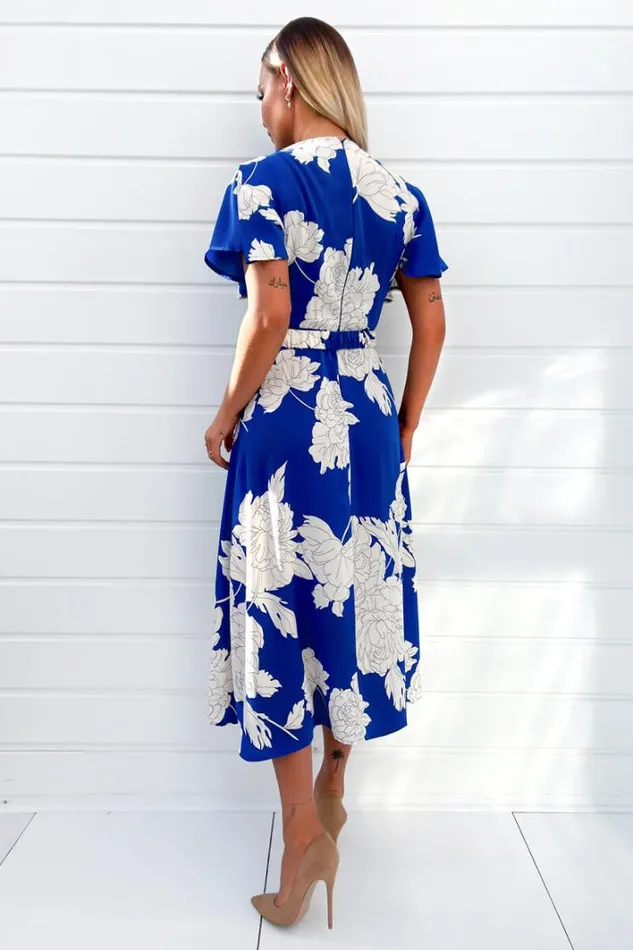 AX Paris Blue And Cream Floral Printed Short Sleeve Belted Midi Dress Dresses