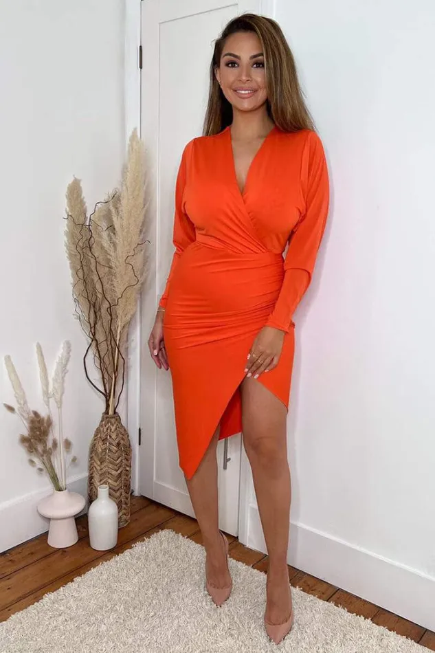 AX Paris Burnt Orange Ruched Side Wrap Top Midi Dress Dresses