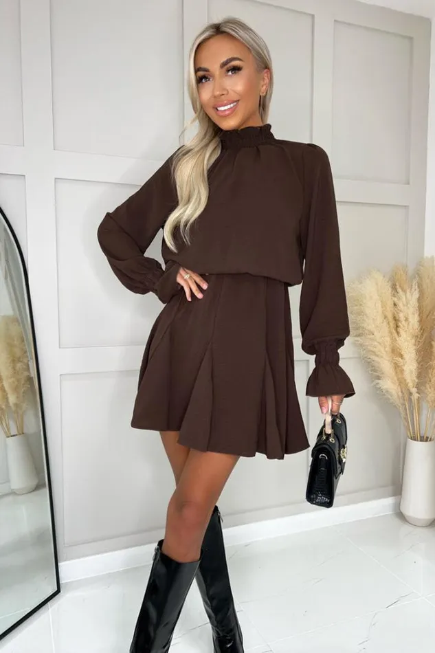 AX Paris Chocolate High Neck Shirred Detail Skater Dress Dresses