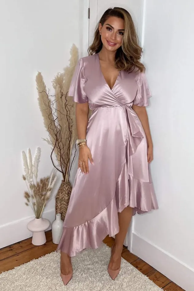 AX Paris Dusty Pink Satin Frill Hem Short Sleeve Midi Dress Dresses