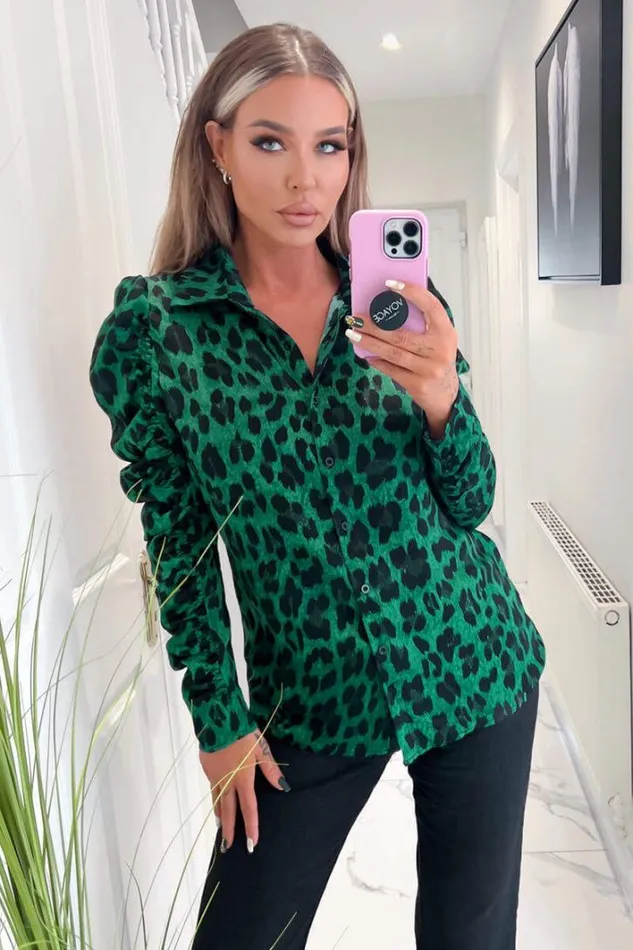 AX Paris Green And Black Animal Print Ruched Sleeve Shirt Tops