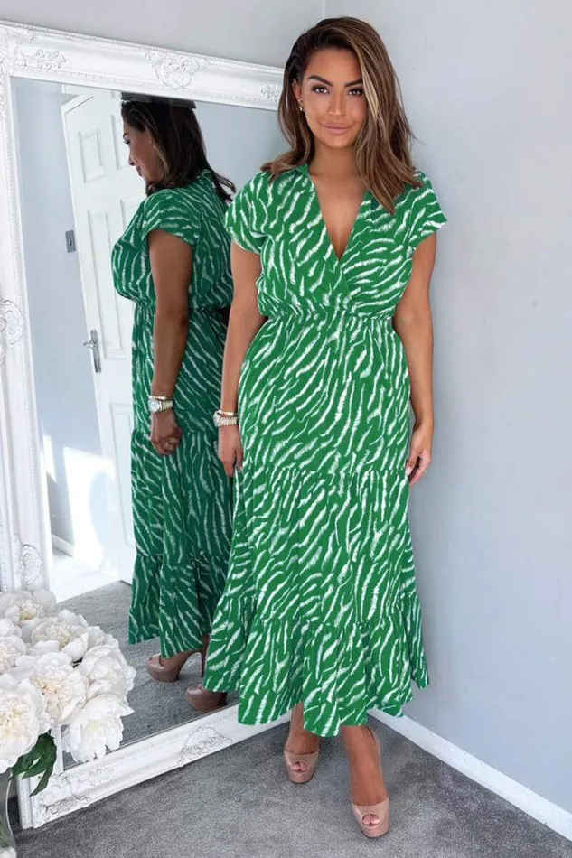 AX Paris Green And White Animal Print Collared Smock Midi Dress Dresses