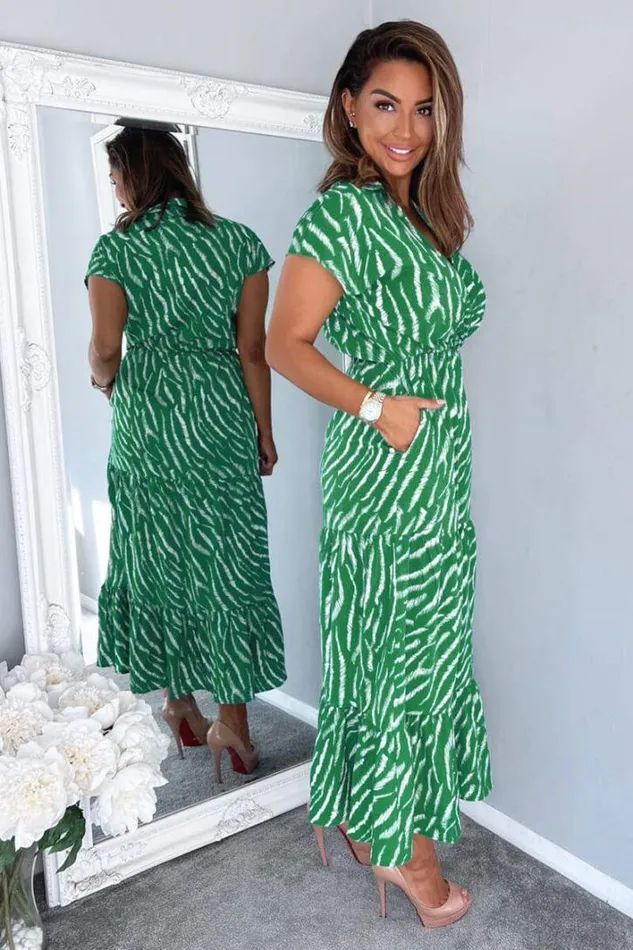 AX Paris Green And White Animal Print Collared Smock Midi Dress Dresses