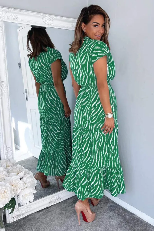 AX Paris Green And White Animal Print Collared Smock Midi Dress Dresses