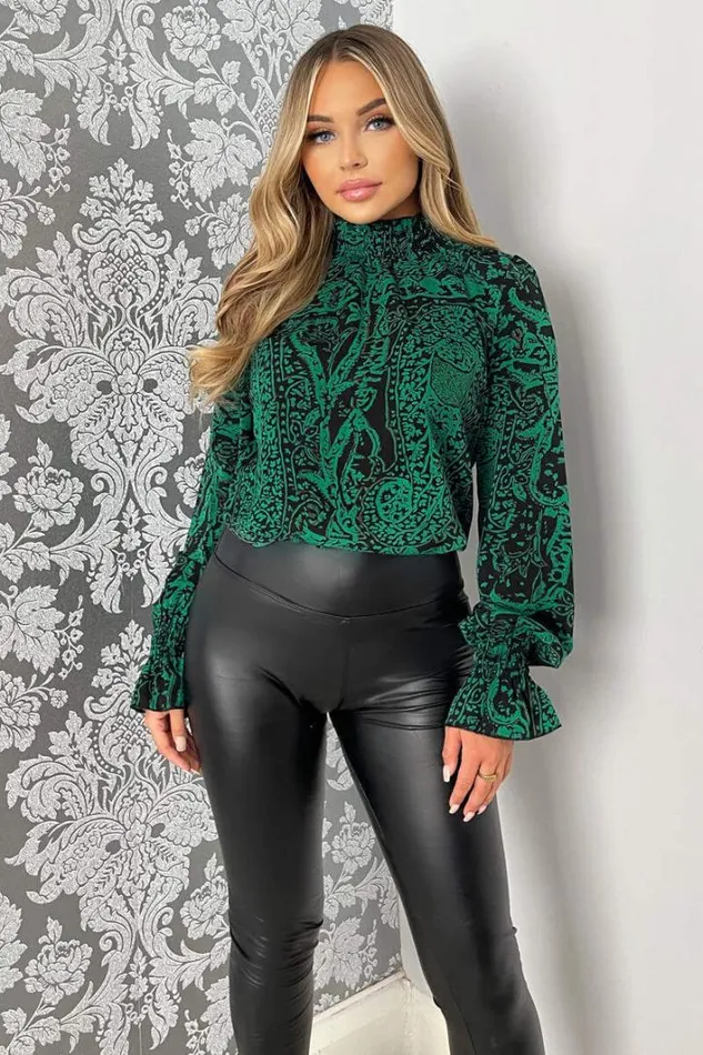 AX Paris Green Printed Elasticated High Neck Long Sleeve Top Tops