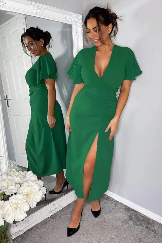 AX Paris Green Ruched Split Leg Midi Dress Dresses
