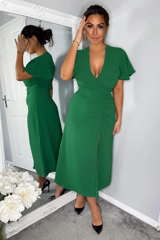 AX Paris Green Ruched Split Leg Midi Dress Dresses