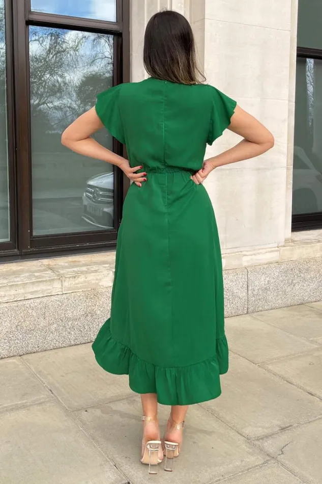 AX Paris Green Wrap Over Frill Hem Short Sleeve Midi Dress Dresses