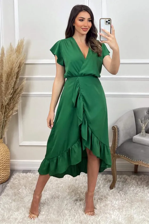 AX Paris Green Wrap Over Frill Hem Short Sleeve Midi Dress Dresses