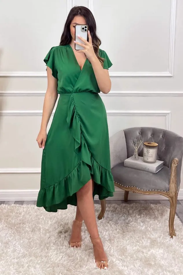 AX Paris Green Wrap Over Frill Hem Short Sleeve Midi Dress Dresses