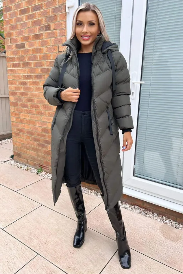 AX Paris Khaki Hooded Puffer Coat With Zip Front Pockets Coats and Jackets