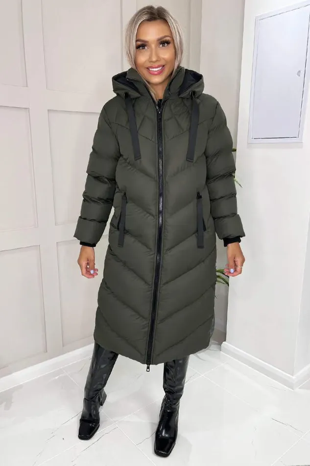 AX Paris Khaki Hooded Puffer Coat With Zip Front Pockets Coats and Jackets