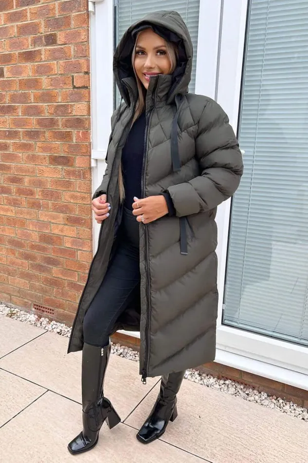 AX Paris Khaki Hooded Puffer Coat With Zip Front Pockets Coats and Jackets