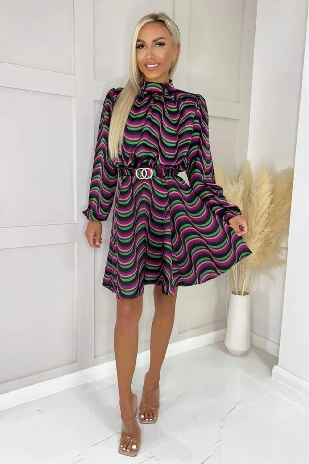 AX Paris Multi Print Long Sleeve High Neck Belted Skater Dress Dresses