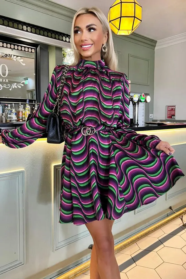 AX Paris Multi Print Long Sleeve High Neck Belted Skater Dress Dresses