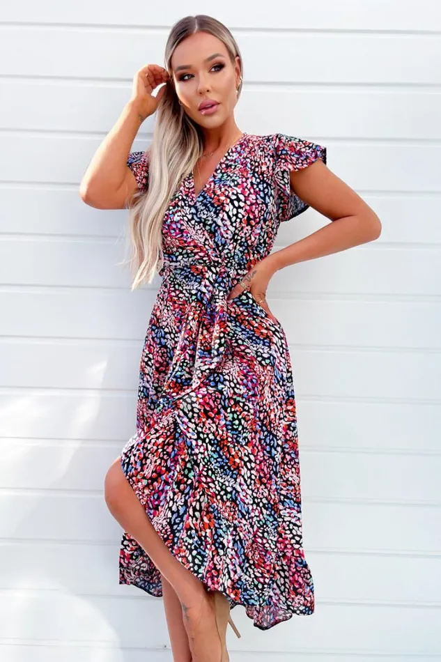 AX Paris Multi Printed Wrap Over Frill Hem Short Sleeve Midi Dress Dresses