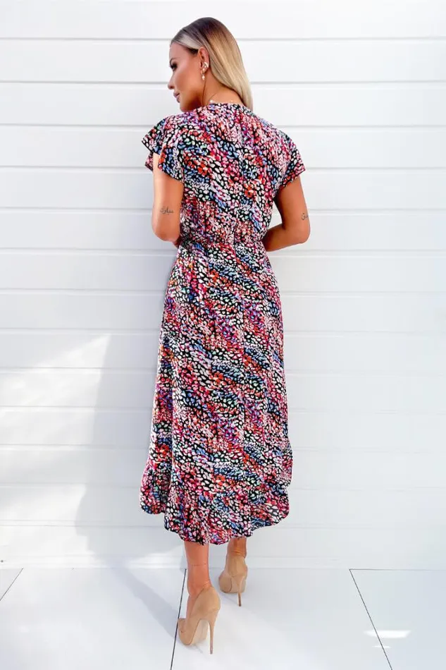 AX Paris Multi Printed Wrap Over Frill Hem Short Sleeve Midi Dress Dresses