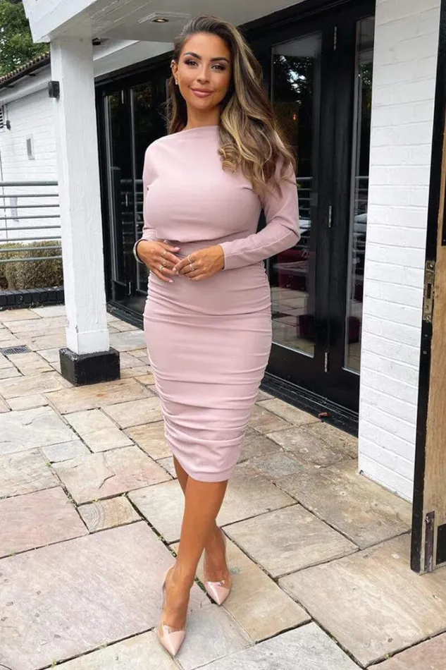 AX Paris Mushroom Wide Neck Ruched Bodycon Dress Midi Dresses
