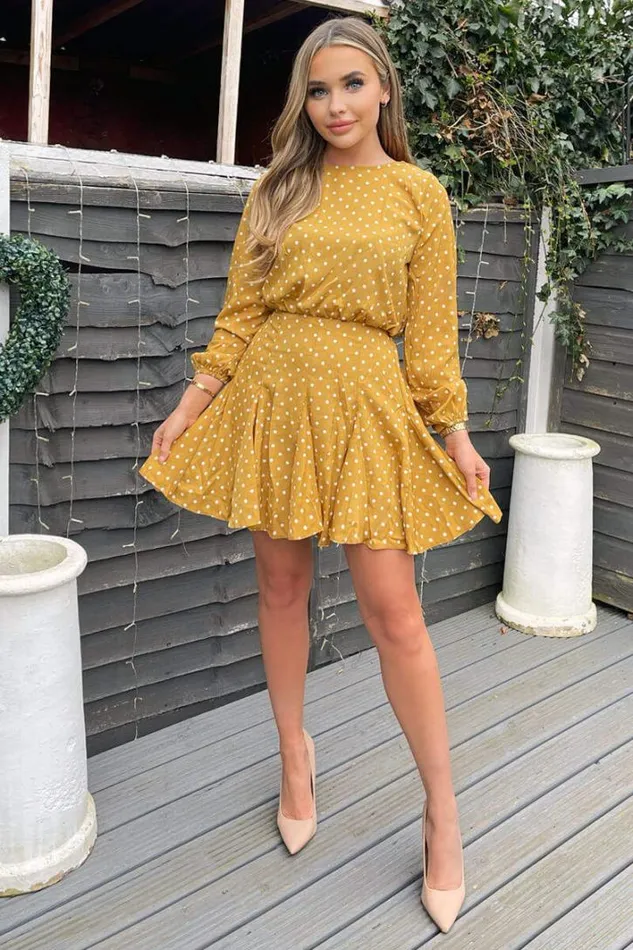 AX Paris Mustard Polka Dot Long Sleeve Skater Dress Dresses