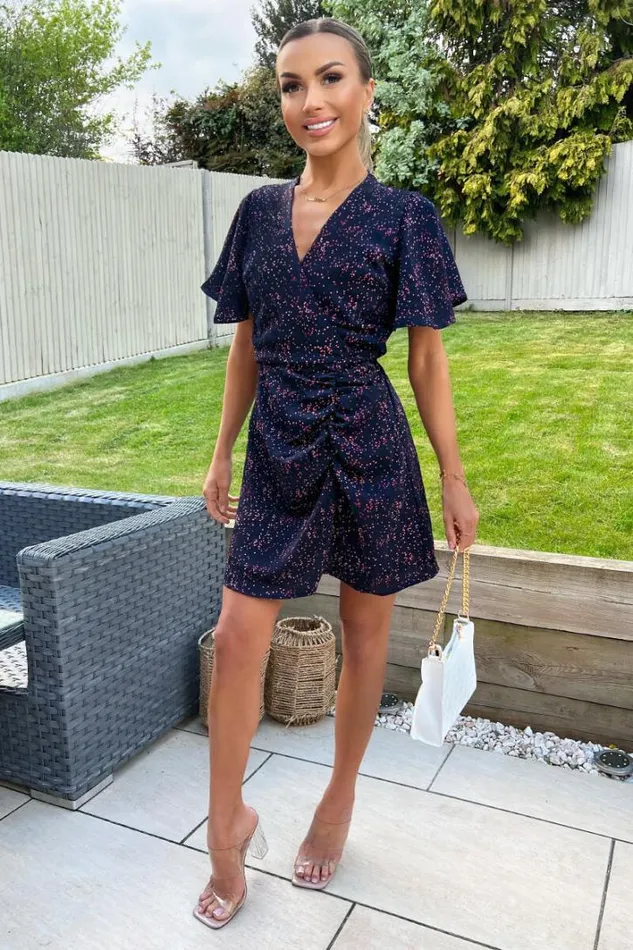 AX Paris Navy And Pink Printed Short Sleeve Gathered Mini Dress Dresses