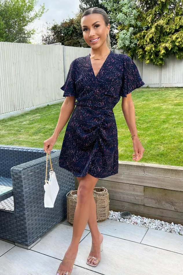 AX Paris Navy And Pink Printed Short Sleeve Gathered Mini Dress Dresses