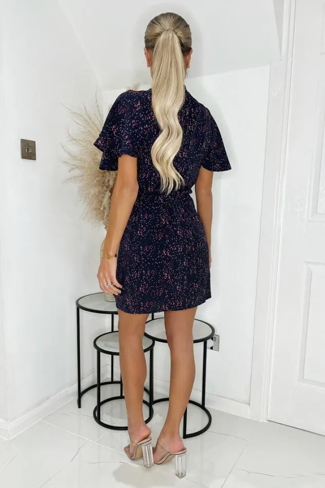 AX Paris Navy And Pink Printed Short Sleeve Gathered Mini Dress Dresses