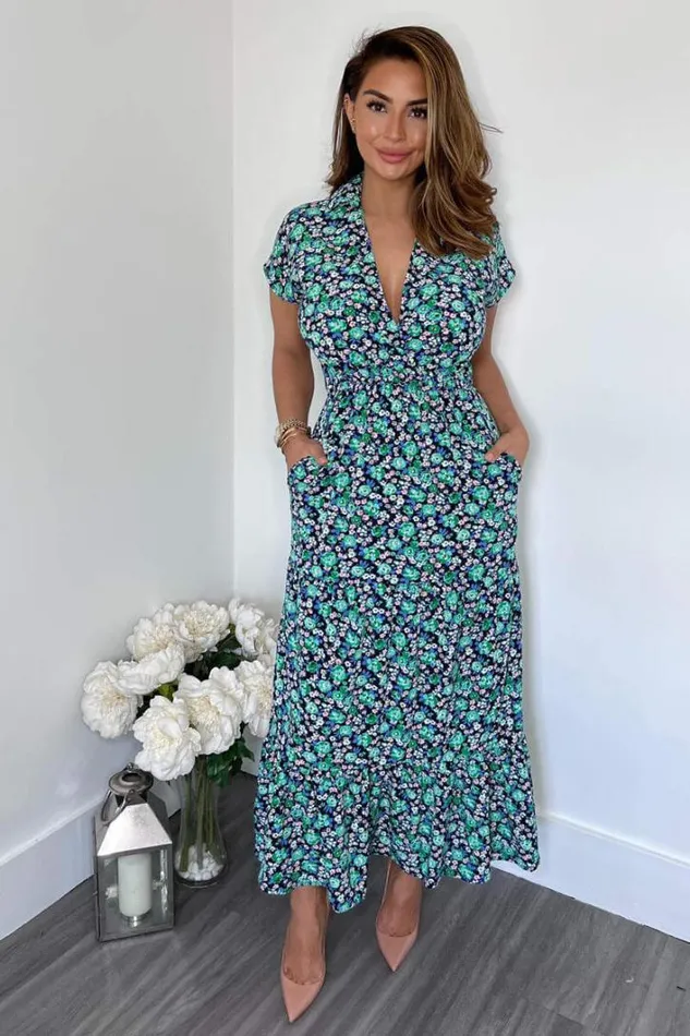 AX Paris Navy Floral Print Short Sleeved VNeck Midi Smock Dress Dresses