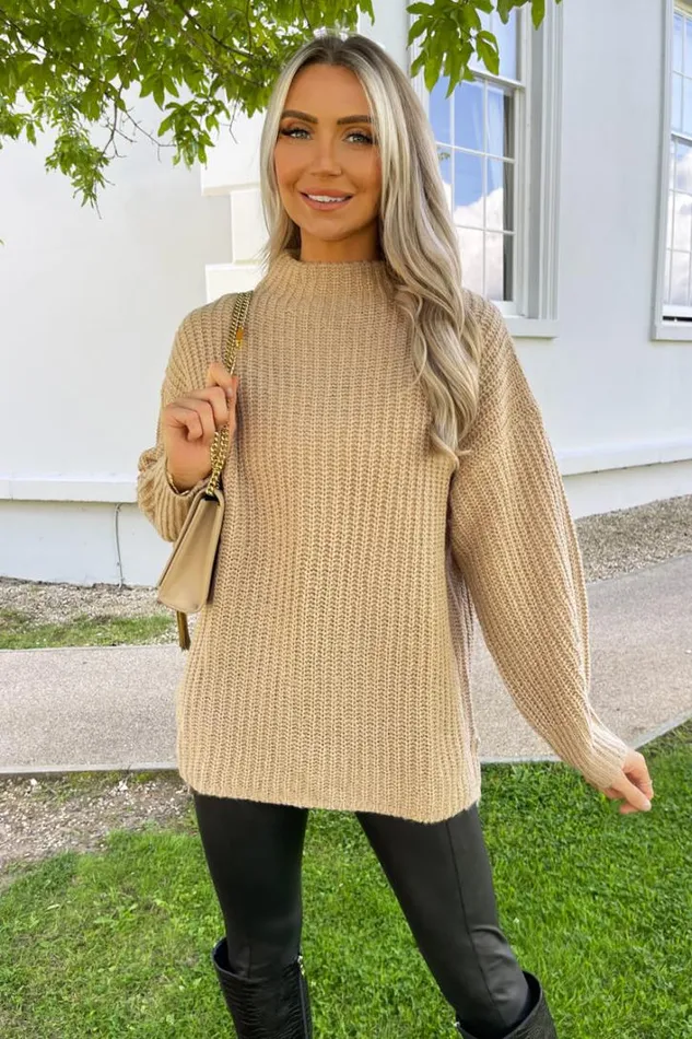 AX Paris Oatmeal Mock Neck Oversized Knit Jumper Knitwear