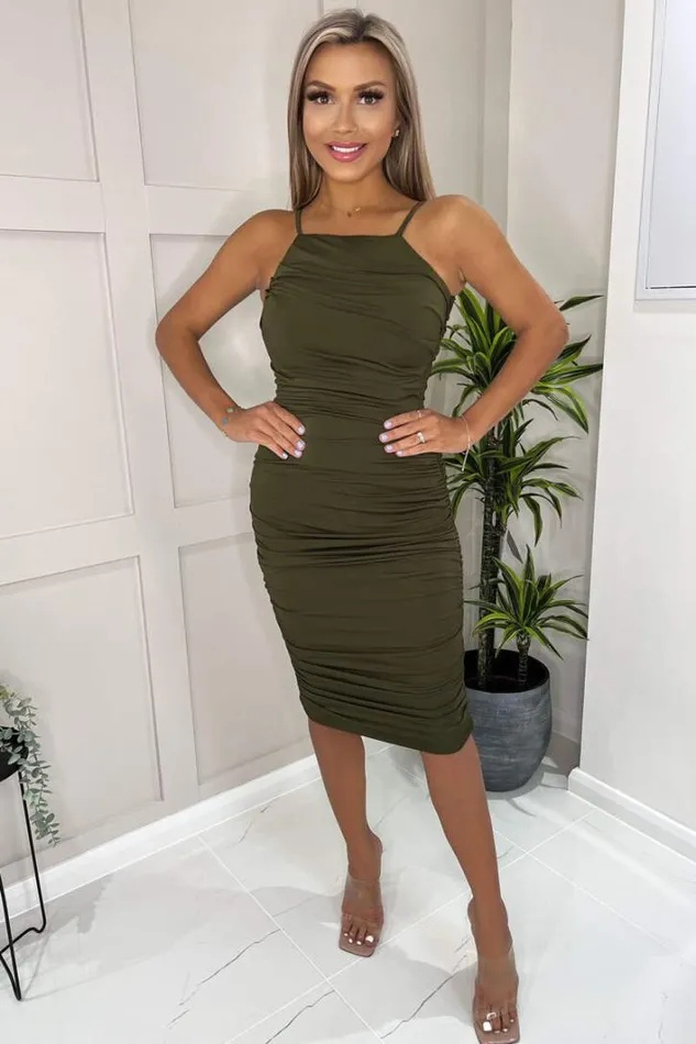 AX Paris Olive Ruched Pleated Top Midi Dress Dresses
