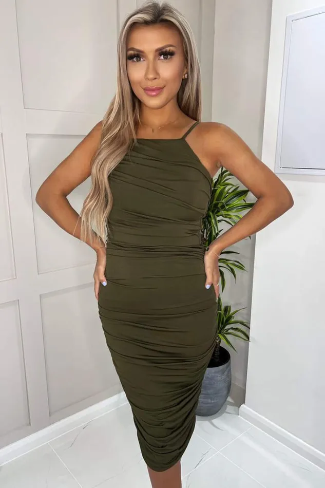 AX Paris Olive Ruched Pleated Top Midi Dress Dresses